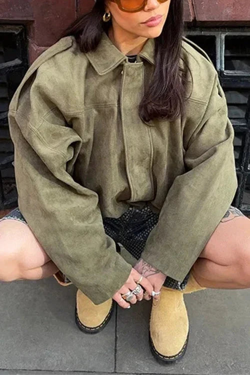 Raina | Faux Suede Lapel Zip-Up Bomber Jacket for Women