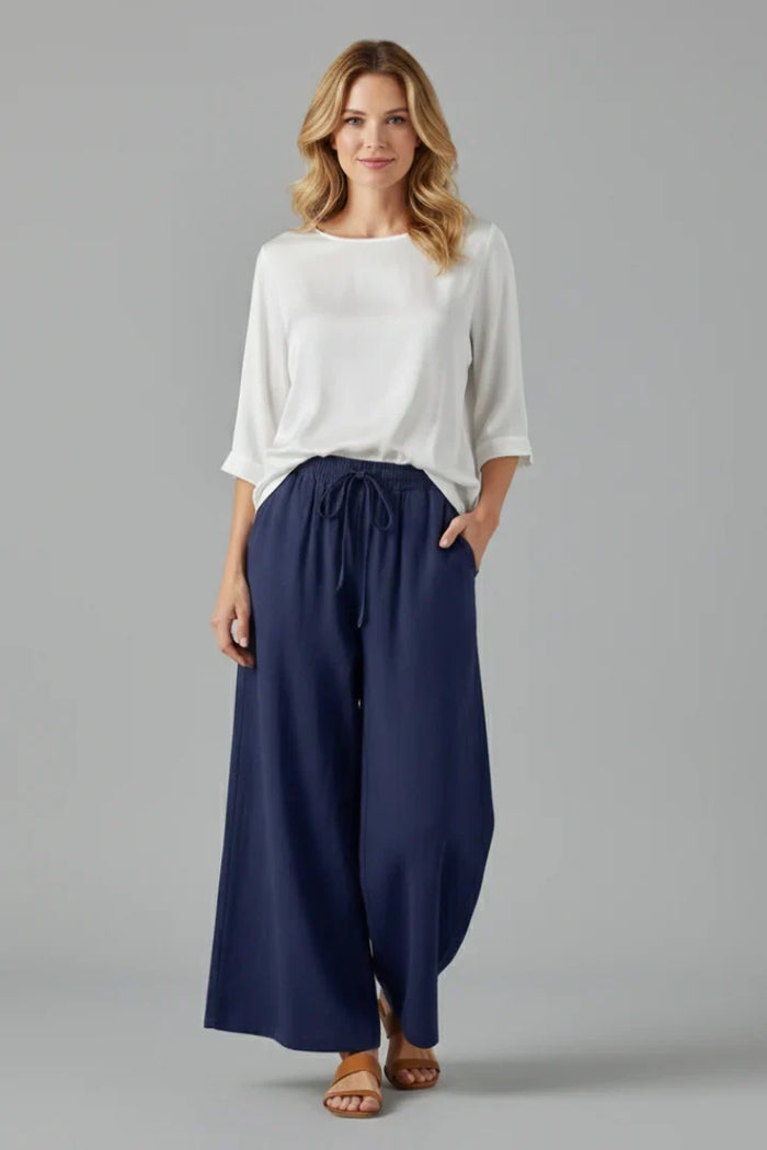 Ilka | Drawstring Wide Leg Palazzo Pants with Pockets for Women