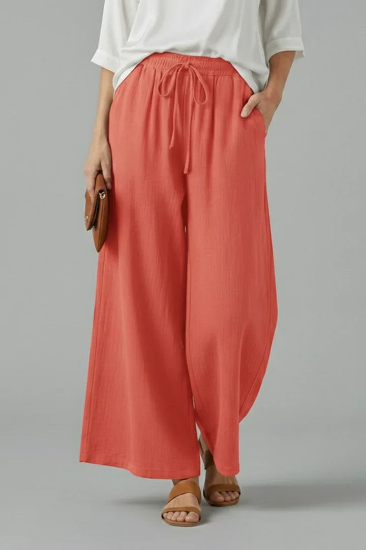 Ilka | Drawstring Wide Leg Palazzo Pants with Pockets for Women