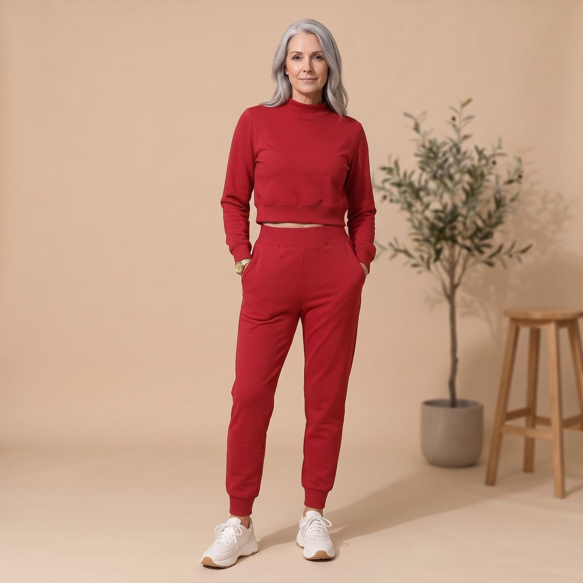 Chandler | Cropped Mock-Neck Sweat Set with Jogger Pants