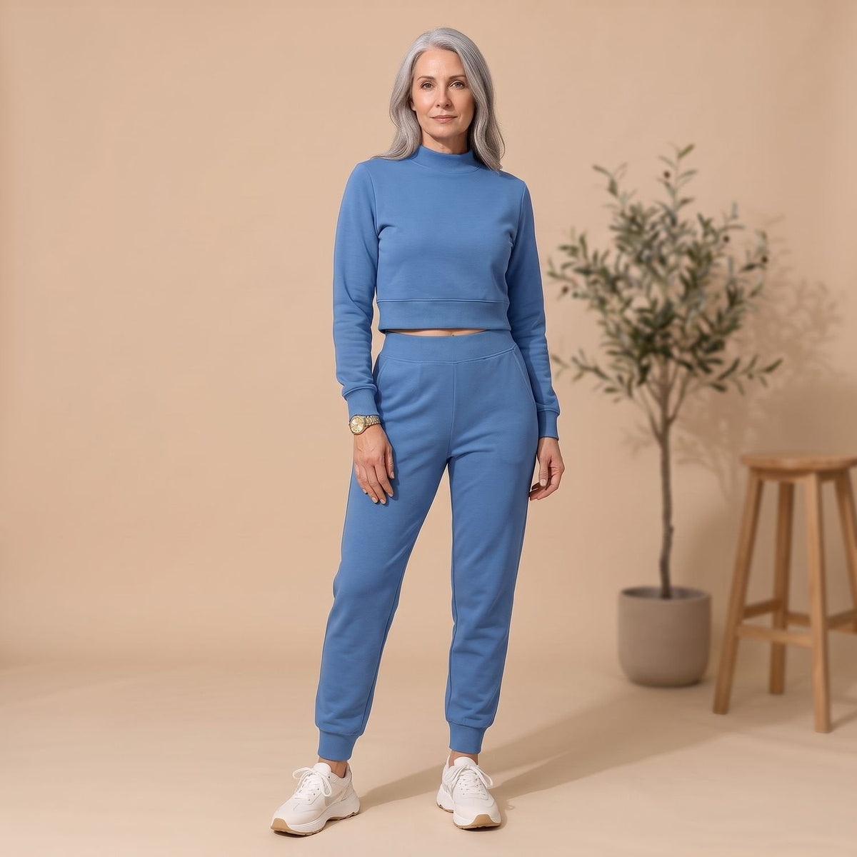 Chandler | Cropped Mock-Neck Sweat Set with Jogger Pants