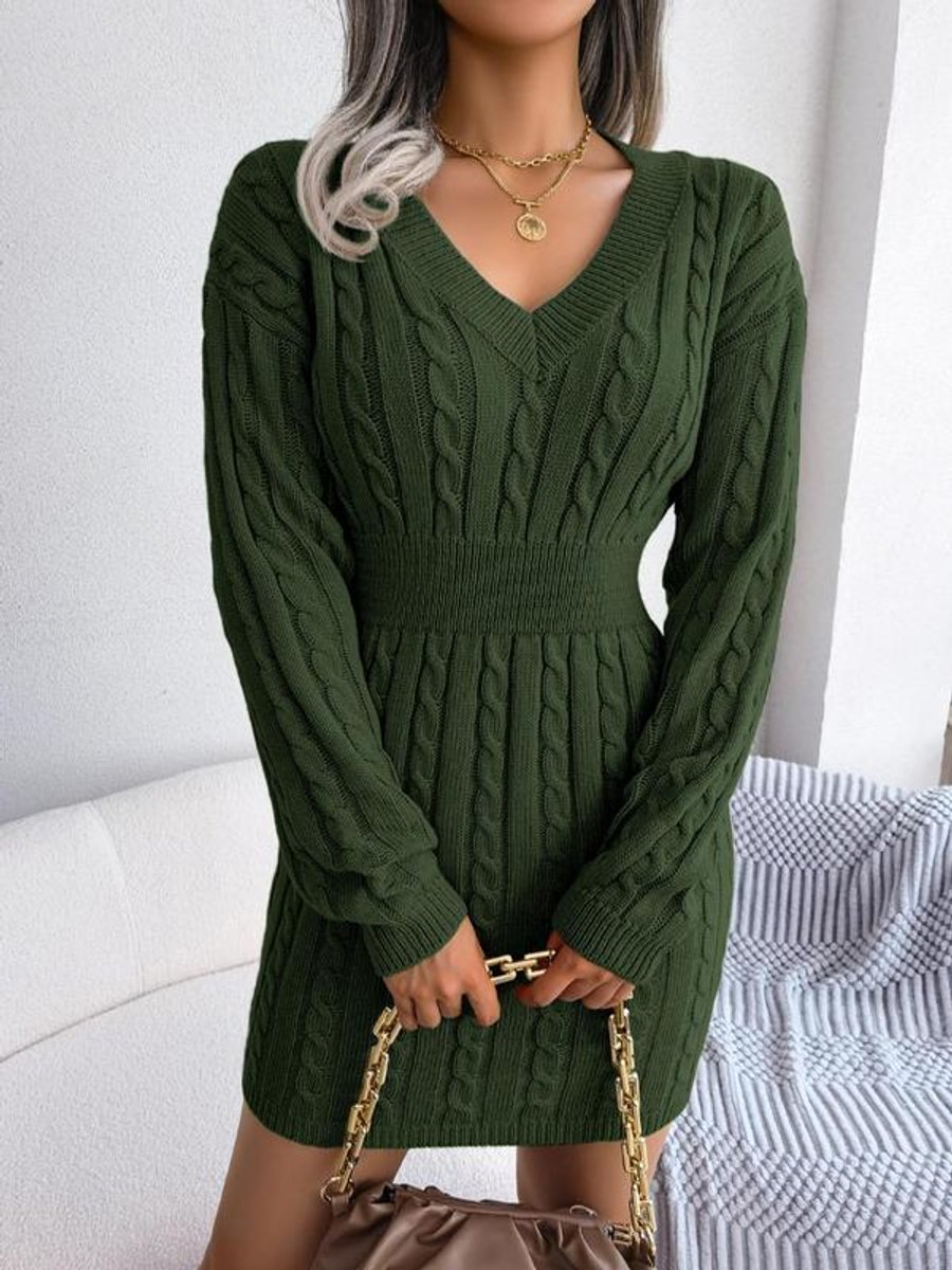Hedy | V-Neck Cable Knit Sweater Dress with Balloon Sleeves