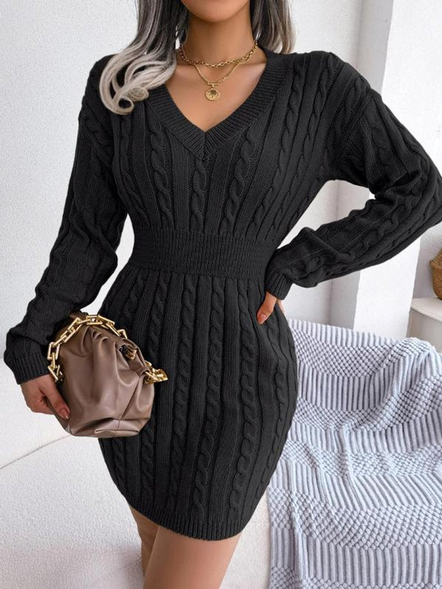 Hedy | V-Neck Cable Knit Sweater Dress with Balloon Sleeves