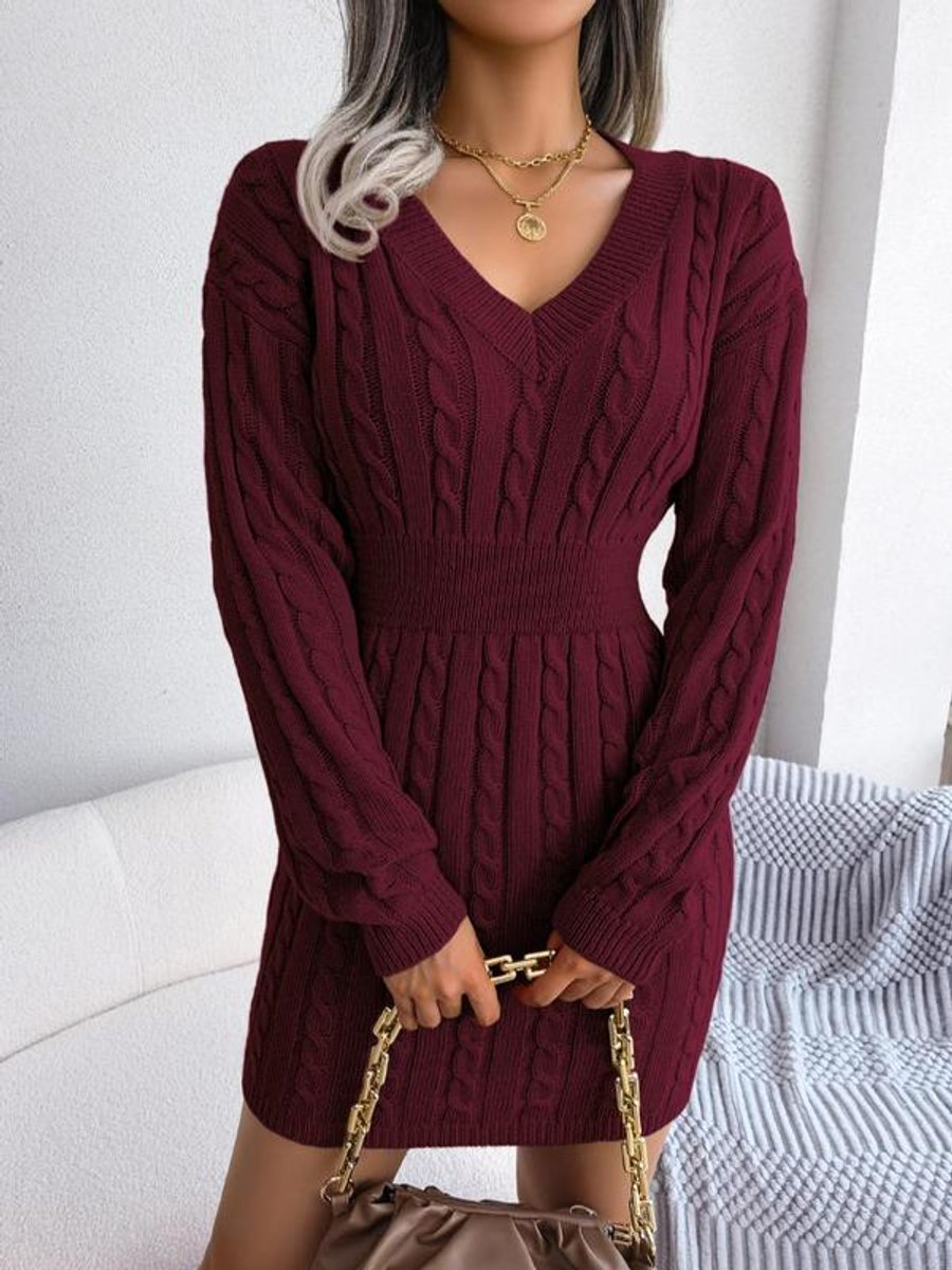 Hedy | V-Neck Cable Knit Sweater Dress with Balloon Sleeves