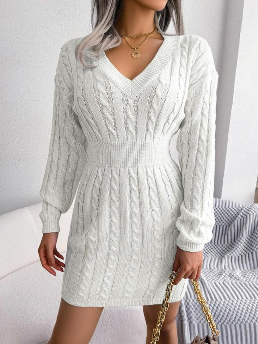 Hedy | V-Neck Cable Knit Sweater Dress with Balloon Sleeves