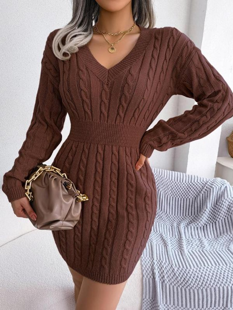 Hedy | V-Neck Cable Knit Sweater Dress with Balloon Sleeves