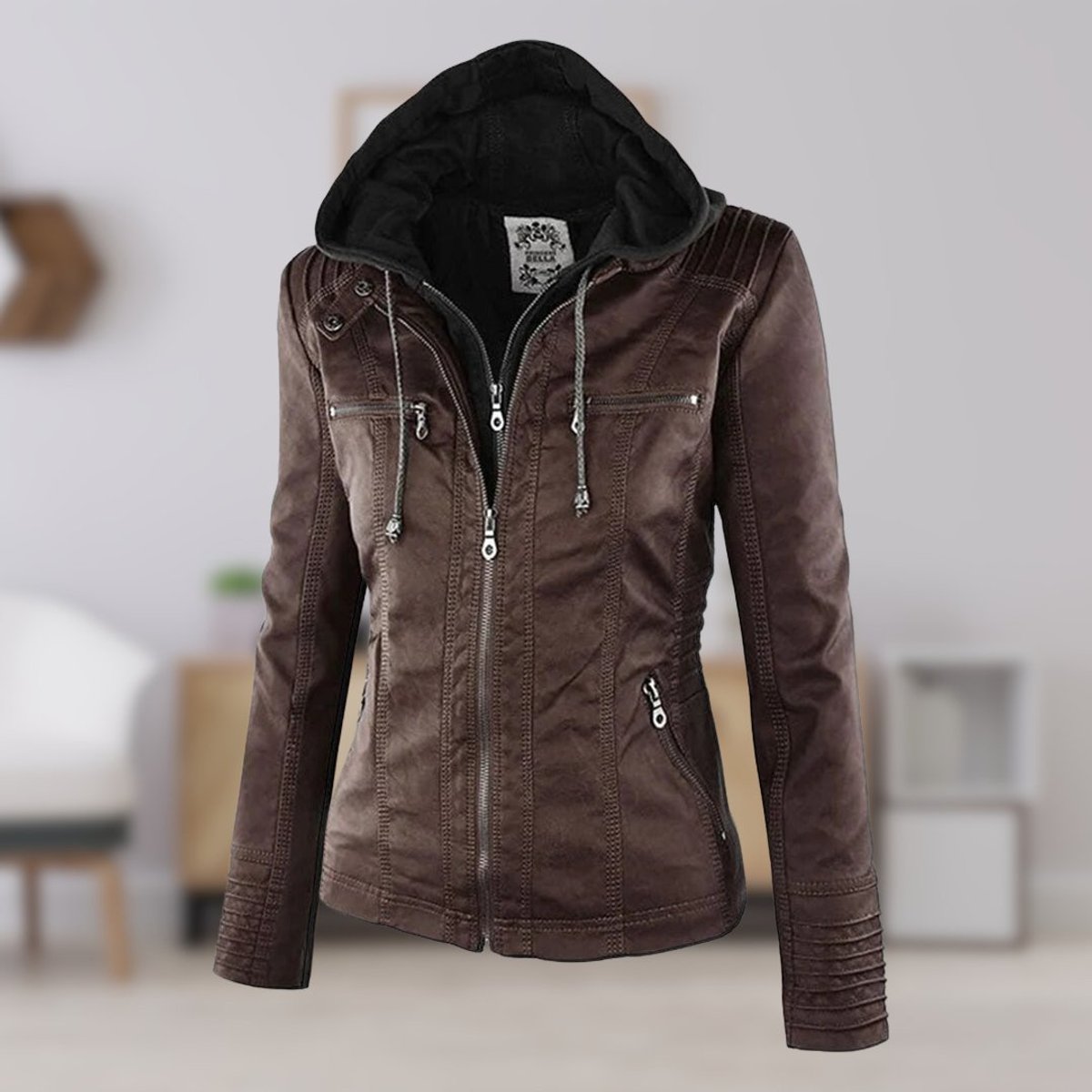 Honorine | Zip-Front Moto Jacket with Removable Hood for Women