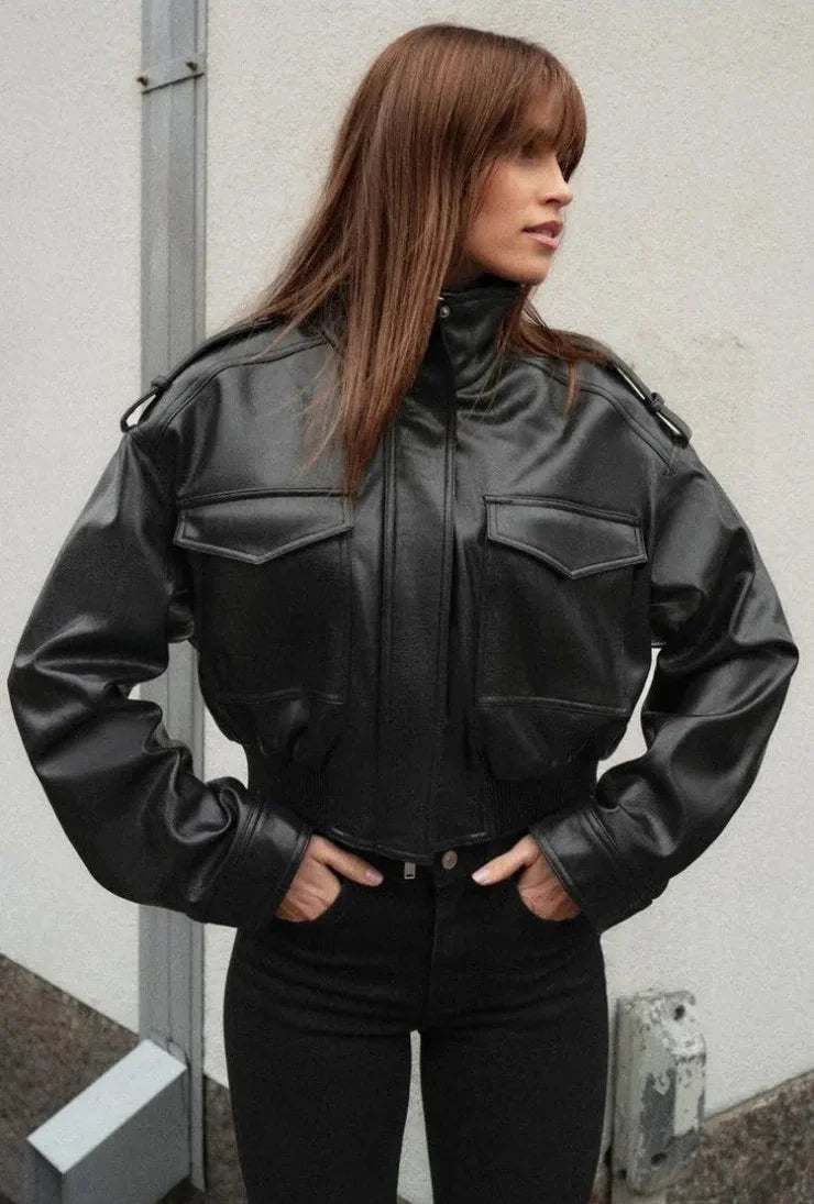 Harlow | Cropped Zip-Front Leather Jacket with Stand Collar