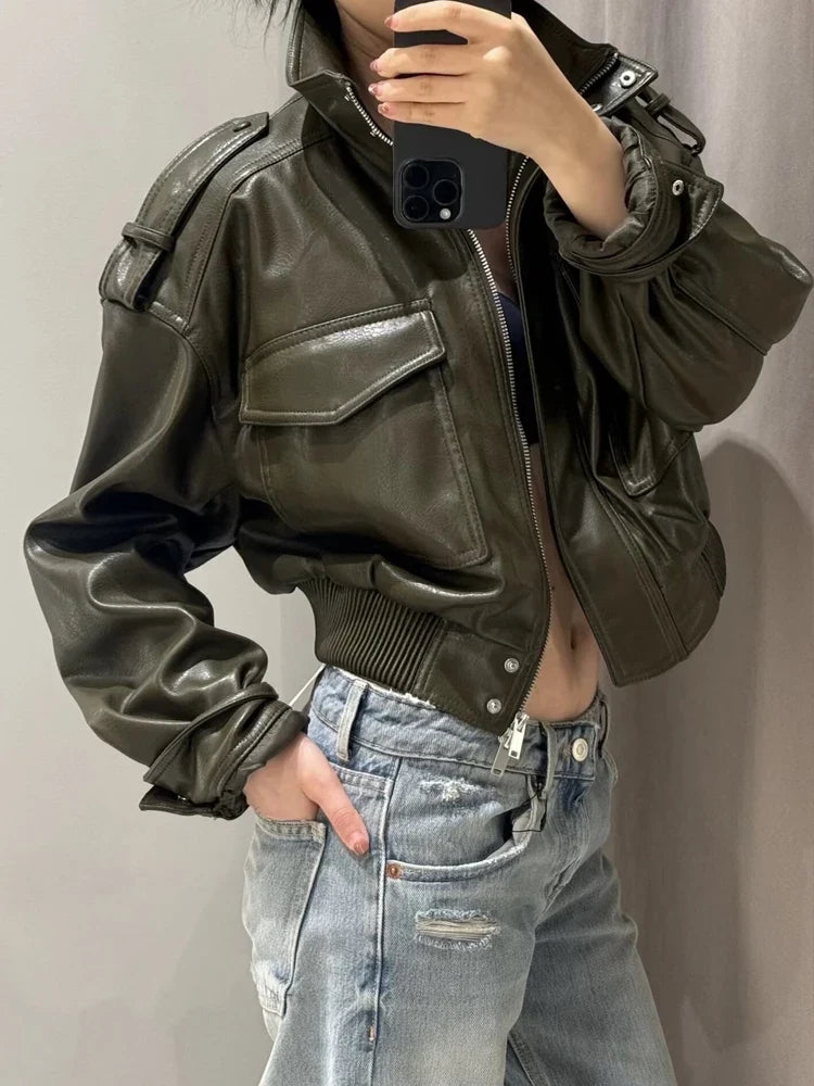Harlow | Cropped Zip-Front Leather Jacket with Stand Collar