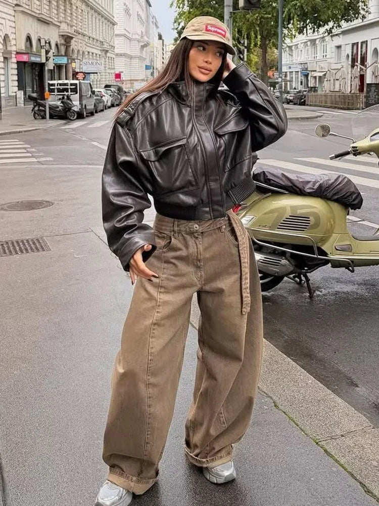 Harlow | Cropped Zip-Front Leather Jacket with Stand Collar